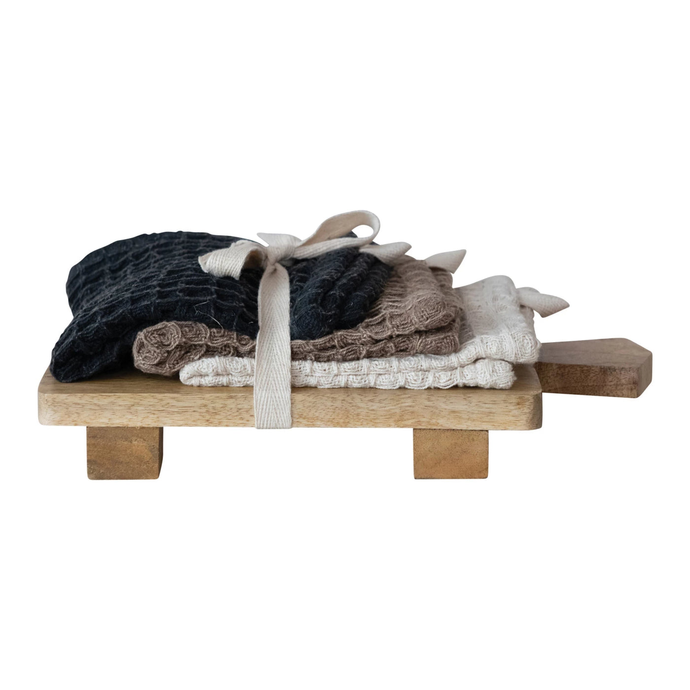 Waffle Weave Dish Cloths w/ Cheese/Serving Board, Set of 4 Tied w/ Cotton Tape