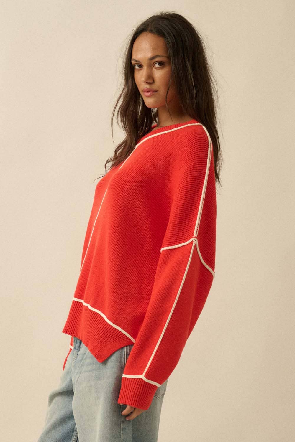 Solid Ribbed Knit Exposed-Seam Oversize Sweater