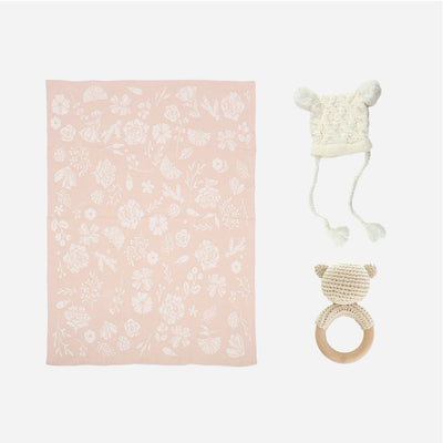 Floral Baby Gift Set Cotton Blanket, Rattle Teether Summer