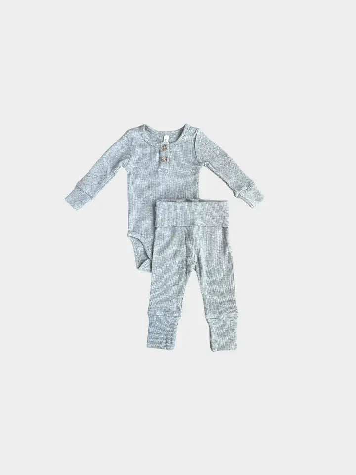 Baby Ribbed Henley Bodysuit Set - Heather Gray