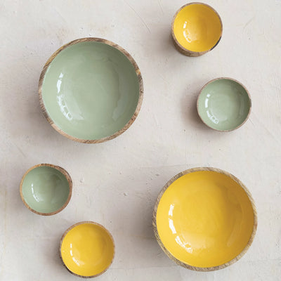 Enameled Mango Wood Footed Bowl, 2 Colors