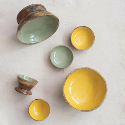 Enameled Mango Wood Footed Bowl, 2 Colors