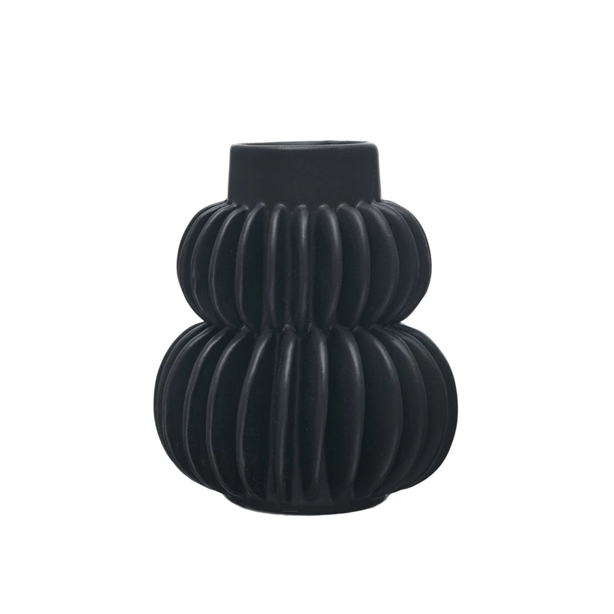 Handmade Pleated Stoneware Vase, Matte Black