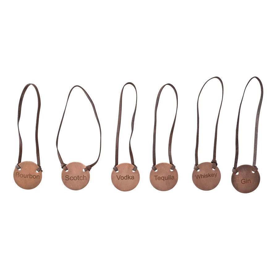 Metal Bottle Tag w/ Leather Tie, Antique Copper Finish, Set of 6 in Printed Drawstring Bag