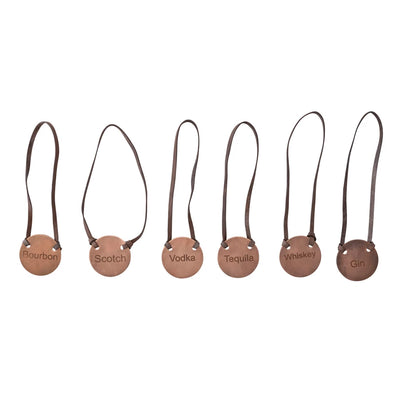 Metal Bottle Tag w/ Leather Tie, Antique Copper Finish, Set of 6 in Printed Drawstring Bag