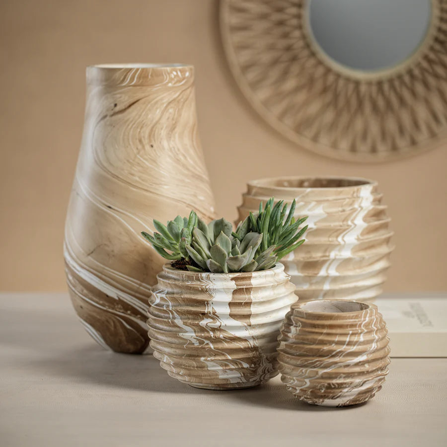 Natural Latte Mango Wood Marbleized Cocoon Pot - Small