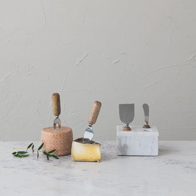 Stainless Steel Cheese Servers w/ Mango Wood Handles & Marble Stand