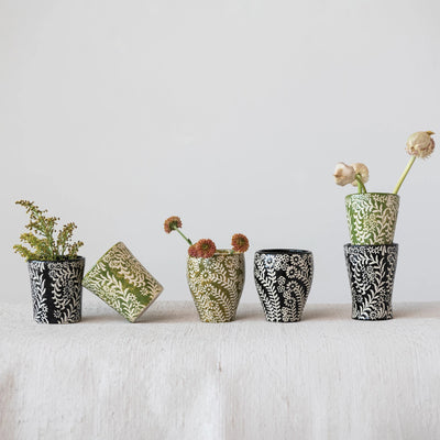 6-7 oz Stoneware Cup w/ Wax Relief Floral Pattern